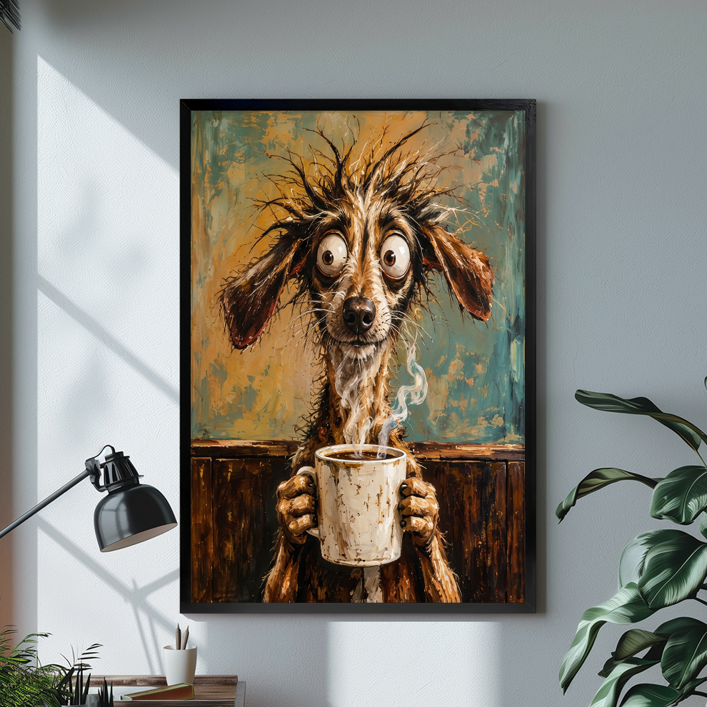 Black framed scruffy dog morning coffee canvas on a pale wall above a desk and plant.
