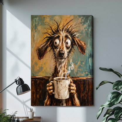 Stretched scruffy dog morning coffee canvas with a shaded wrapped edge in the selected room setting.