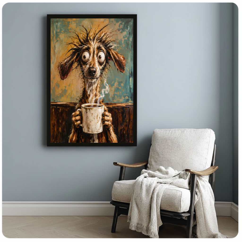 Framed scruffy dog morning coffee canvas beside a pale reading chair on a blue gray wall.