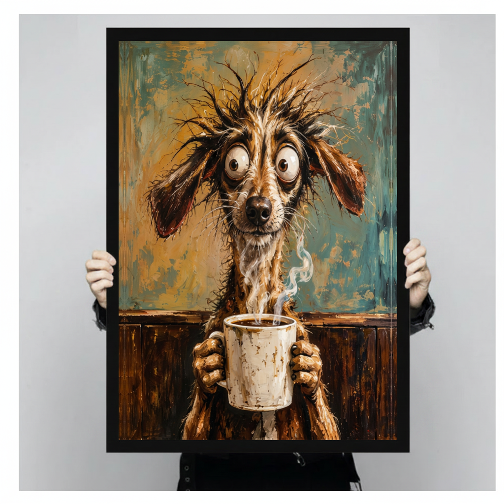 Framed scruffy dog morning coffee canvas held by a person against a light neutral background.