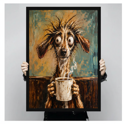 Framed scruffy dog morning coffee canvas held by a person against a light neutral background.