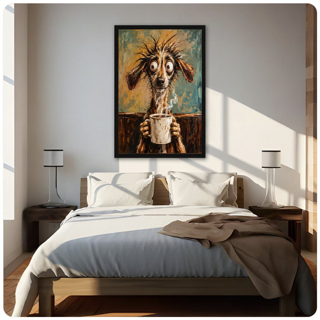 Framed scruffy dog morning coffee canvas above a neutral bed beside soft bedroom lighting and lamps.