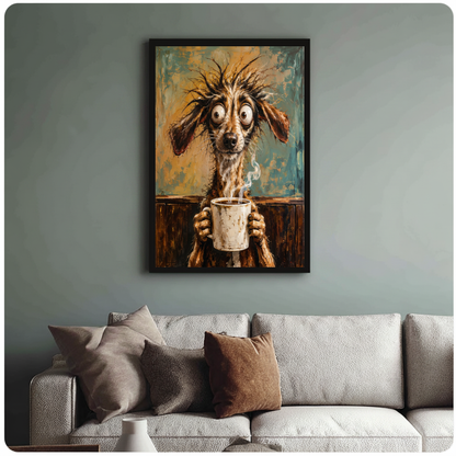 Framed scruffy dog morning coffee canvas above a neutral sofa with cushions against a muted wall.