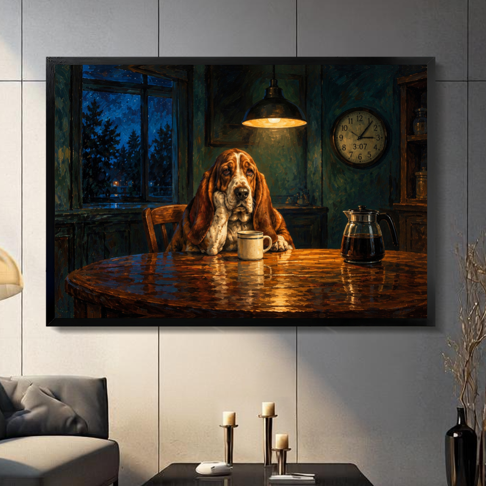 Black framed late night coffee hound canvas on a dark paneled wall beside warm candles.