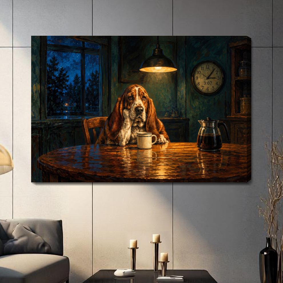 Stretched late night coffee hound canvas with a shaded wrapped edge in the selected room setting.