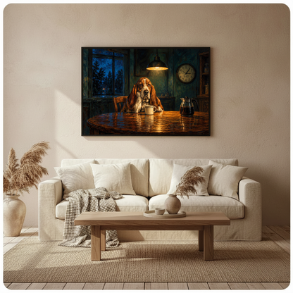 Framed late night coffee hound canvas above a neutral sofa beside pampas grass and a coffee table.