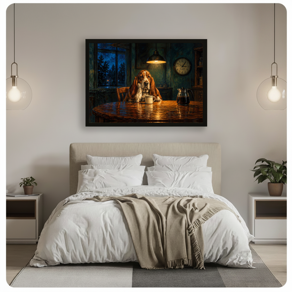 Framed late night coffee hound canvas above a gray bed between hanging pendant lamps in a neutral bedroom.
