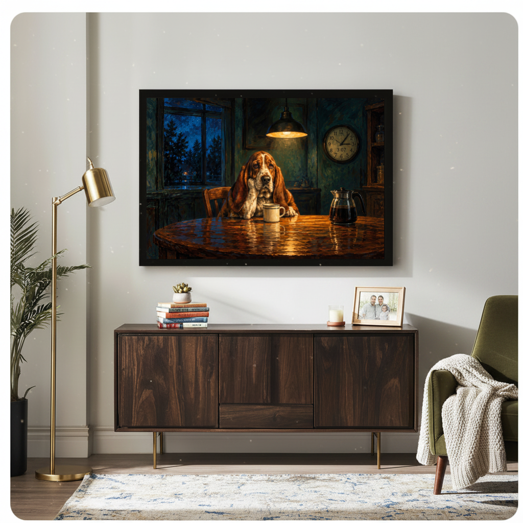 Framed late night coffee hound canvas above a wooden sideboard beside books and an angled brass lamp.
