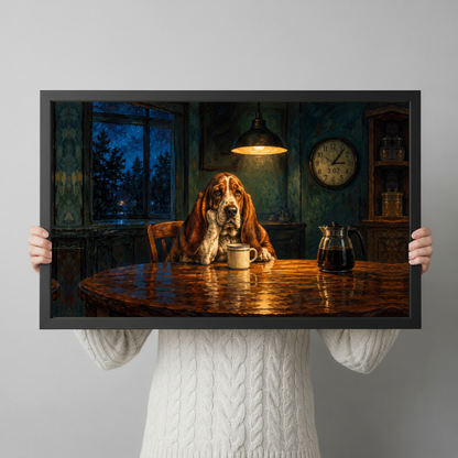 Framed late night coffee hound canvas held horizontally by a person wearing a cream sweater against a light background.