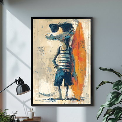Black framed cool crocodile surfer canvas on a pale wall above a desk and plant.