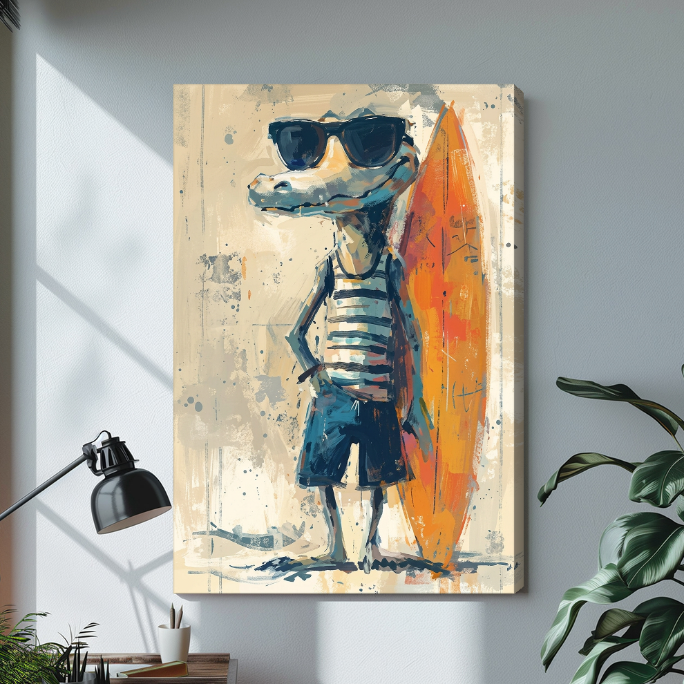 Stretched cool crocodile surfer canvas with a shaded wrapped edge in the selected room setting.