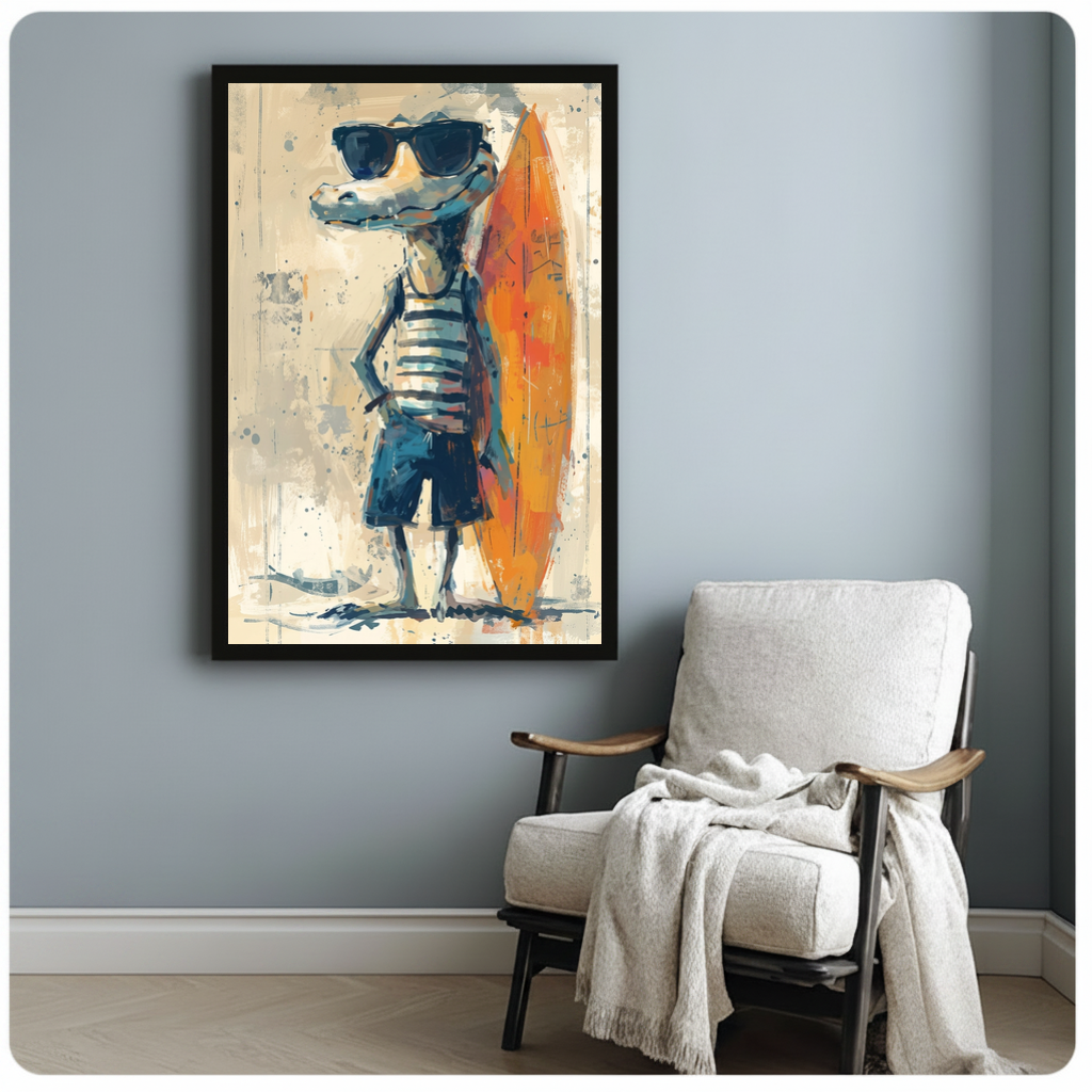 Framed cool crocodile surfer canvas beside a pale reading chair on a blue gray wall.