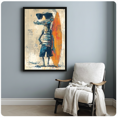Framed cool crocodile surfer canvas beside a pale reading chair on a blue gray wall.