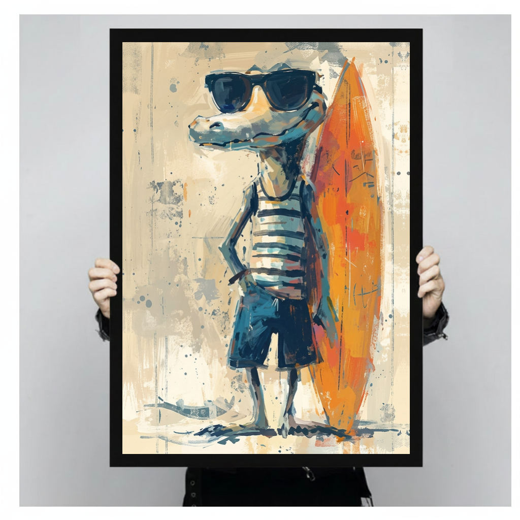Framed cool crocodile surfer canvas held by a person against a light neutral background.