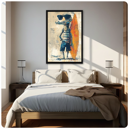 Framed cool crocodile surfer canvas above a neutral bed beside soft bedroom lighting and lamps.
