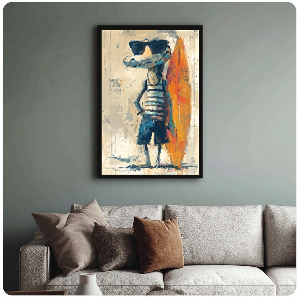 Framed cool crocodile surfer canvas above a neutral sofa with cushions against a muted wall.