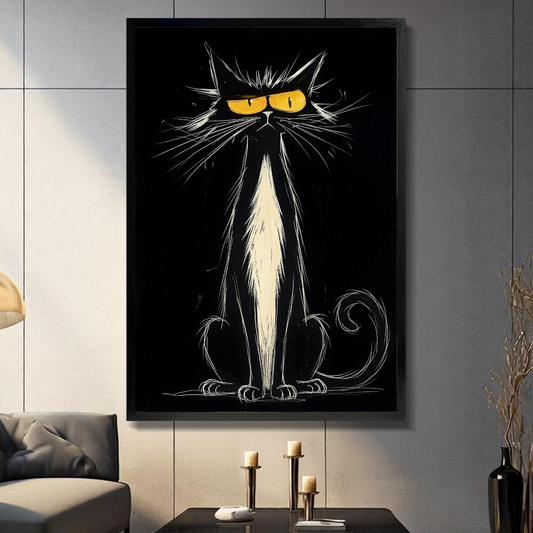 Black framed grumpy cat golden eyes canvas on a dark paneled wall beside warm candles.