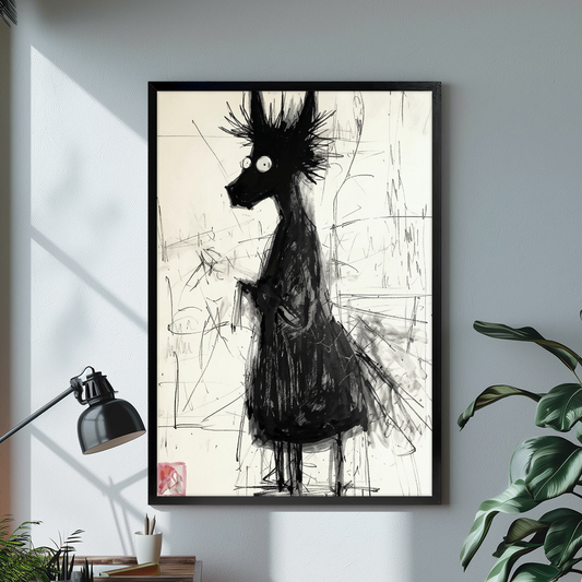 Black framed wild haired hound sketch canvas on a pale wall above a desk and plant.