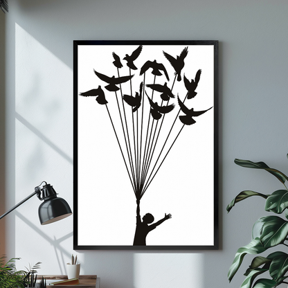 Black framed birds lift a dream canvas on a pale wall above a desk and plant.