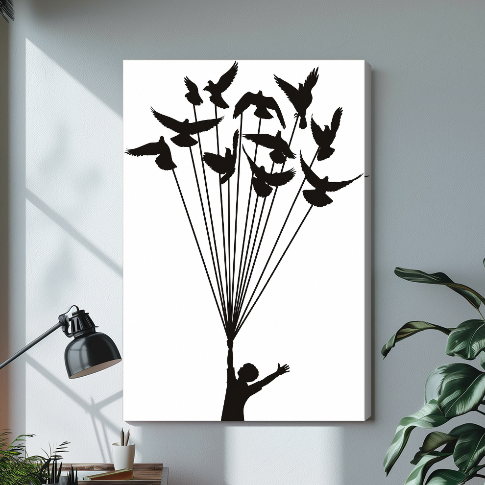 Stretched birds lift a dream canvas with a shaded wrapped edge in the selected room setting.