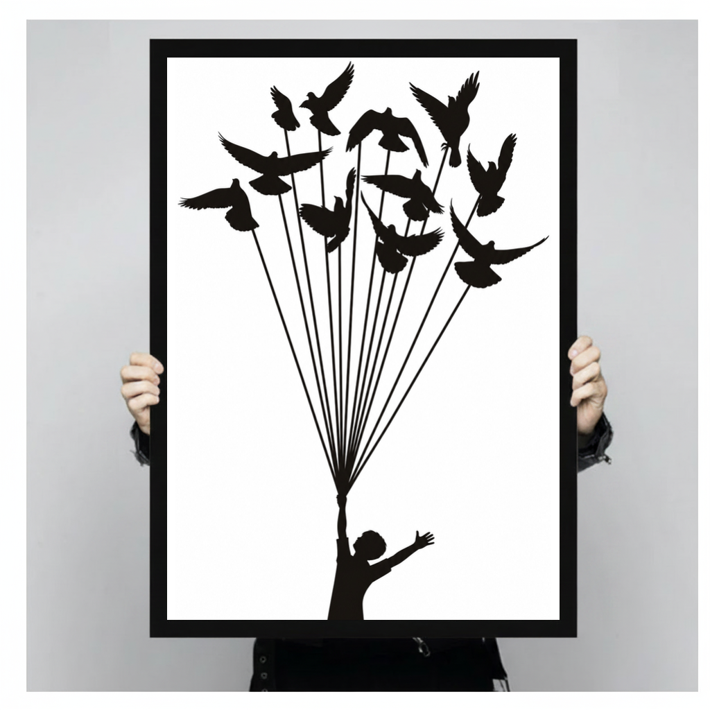 Framed birds lift a dream canvas held by a person against a light neutral background.