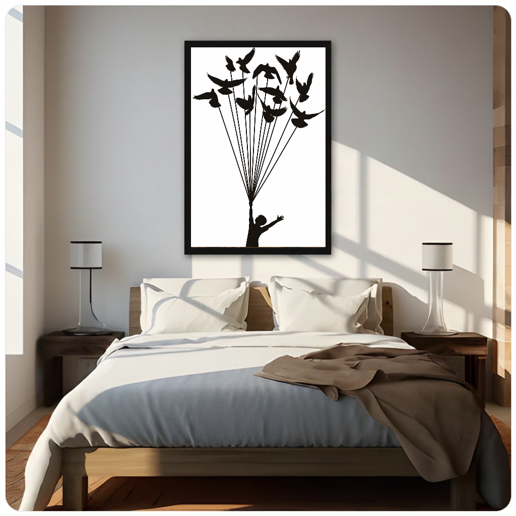 Framed birds lift a dream canvas above a neutral bed beside soft bedroom lighting and lamps.