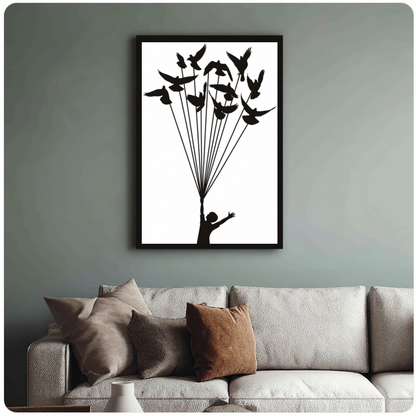 Framed birds lift a dream canvas above a neutral sofa with cushions against a muted wall.