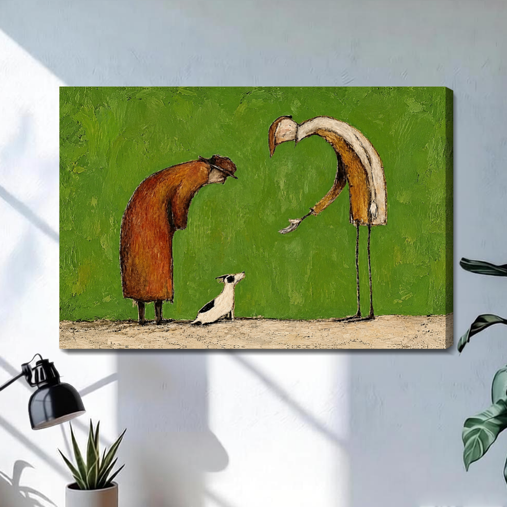 Stretched kind strangers small dog canvas with a shaded wrapped edge in the selected room setting.