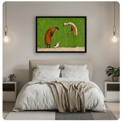 Framed kind strangers small dog canvas above a gray bed between hanging pendant lamps in a neutral bedroom.