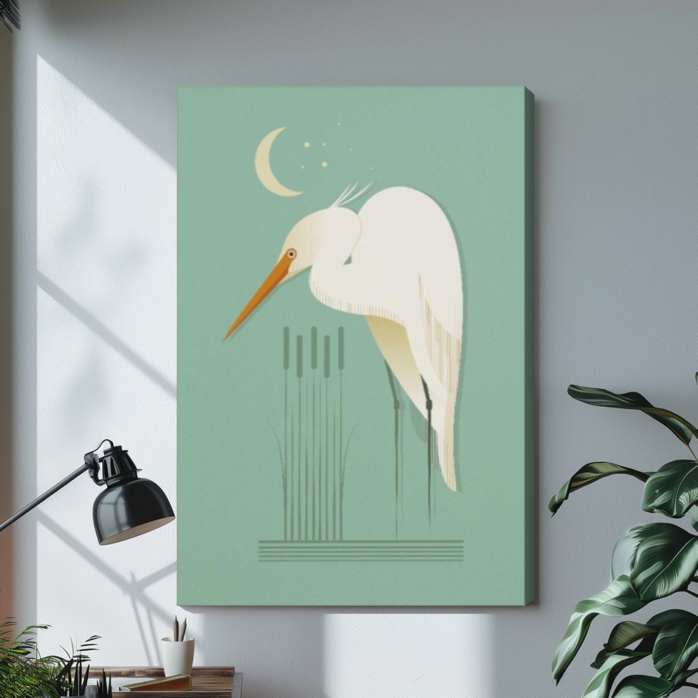 Stretched moonlit white egret canvas with a shaded wrapped edge in the selected room setting.