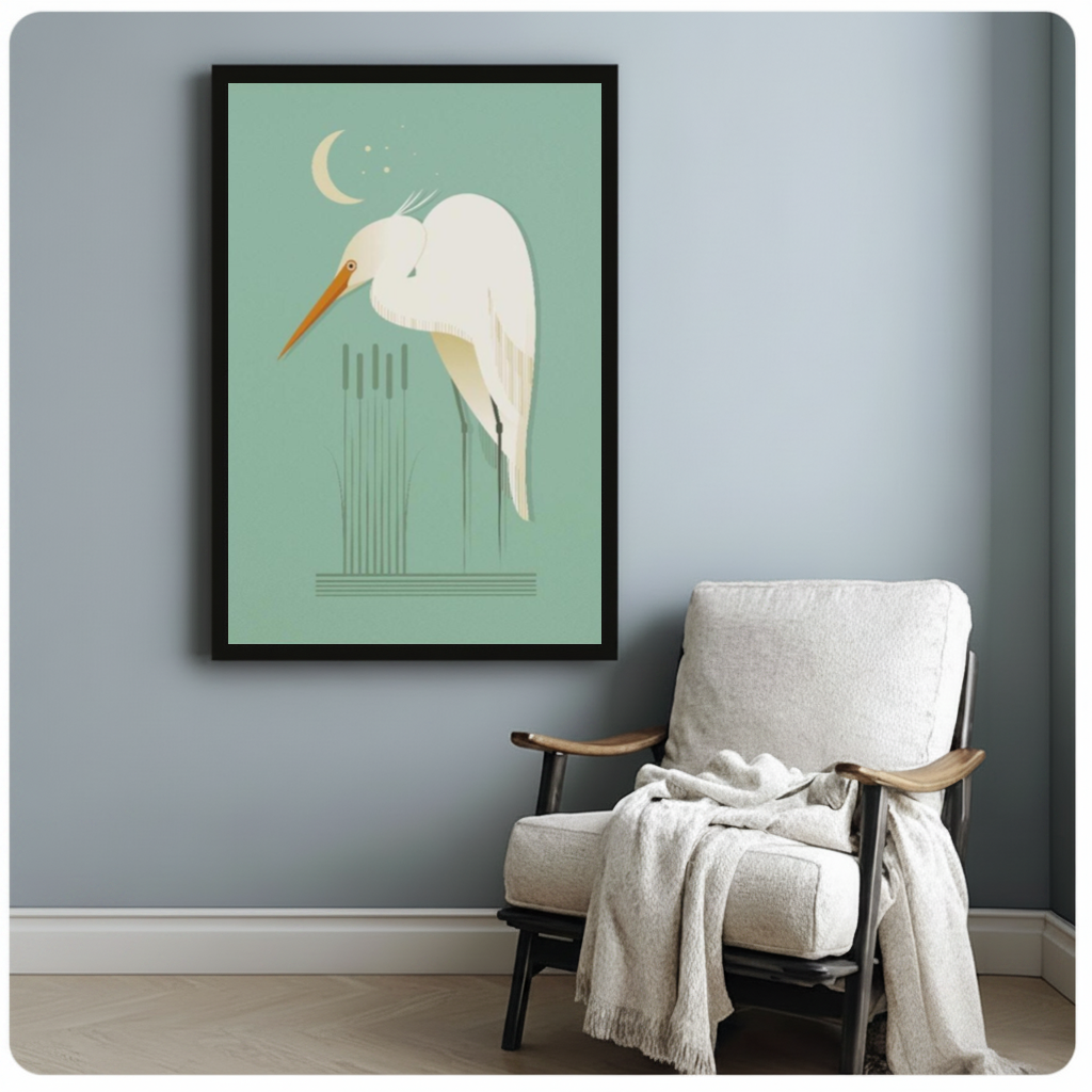 Framed moonlit white egret canvas beside a pale reading chair on a blue gray wall.