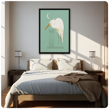 Framed moonlit white egret canvas above a neutral bed beside soft bedroom lighting and lamps.