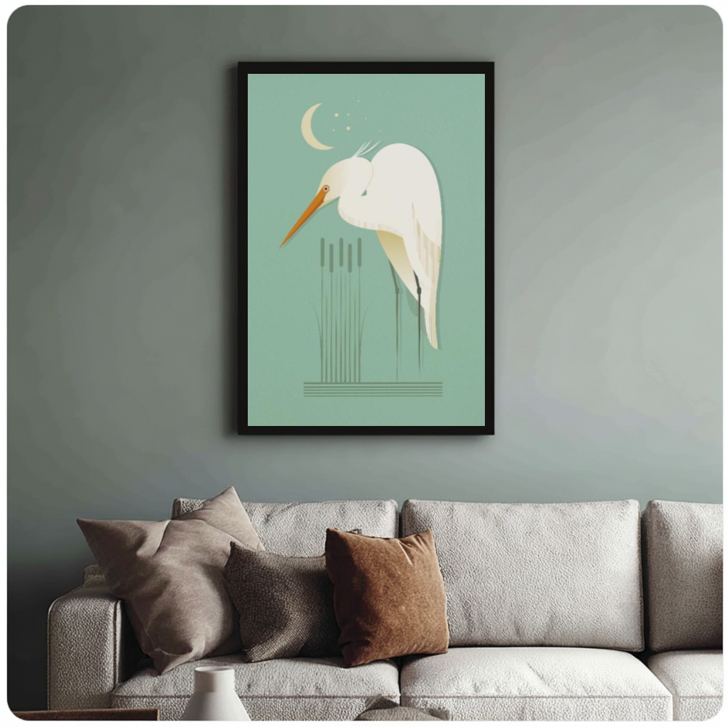 Framed moonlit white egret canvas above a neutral sofa with cushions against a muted wall.
