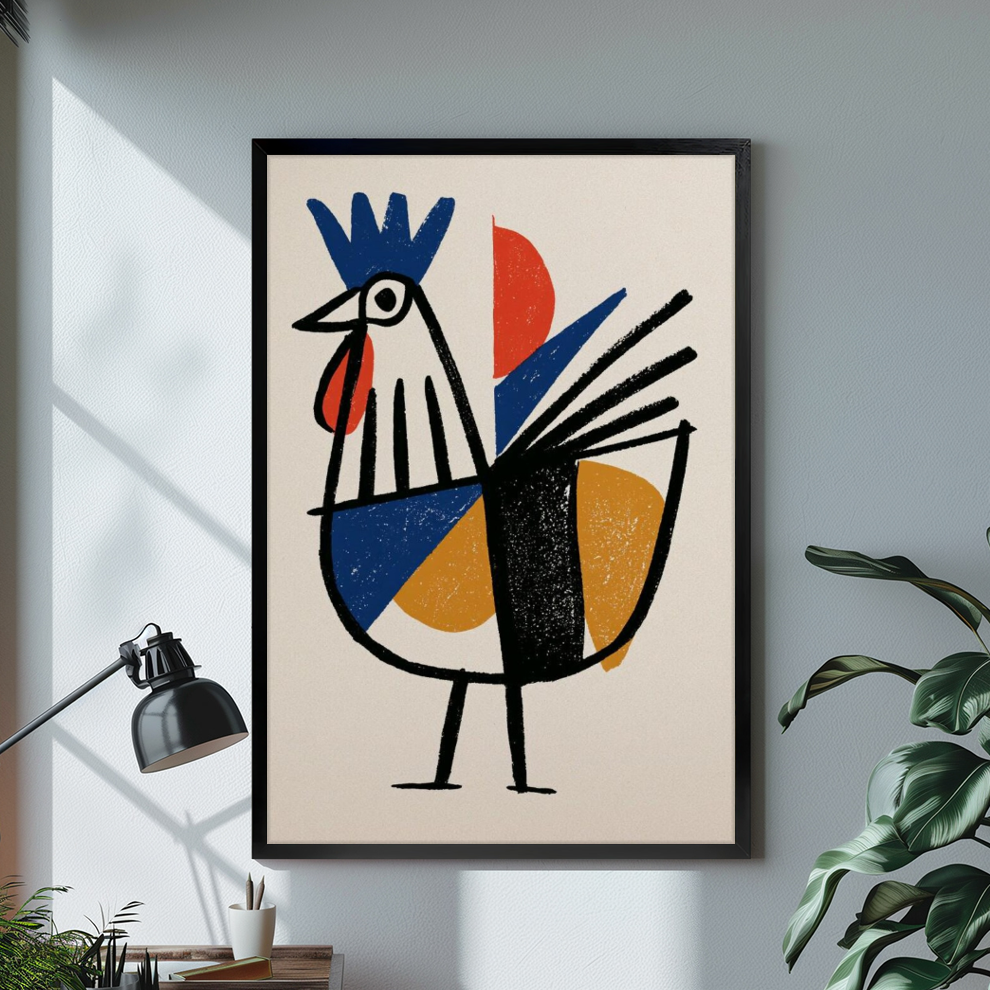 Black framed geometric primary rooster canvas on a pale wall above a desk and plant.