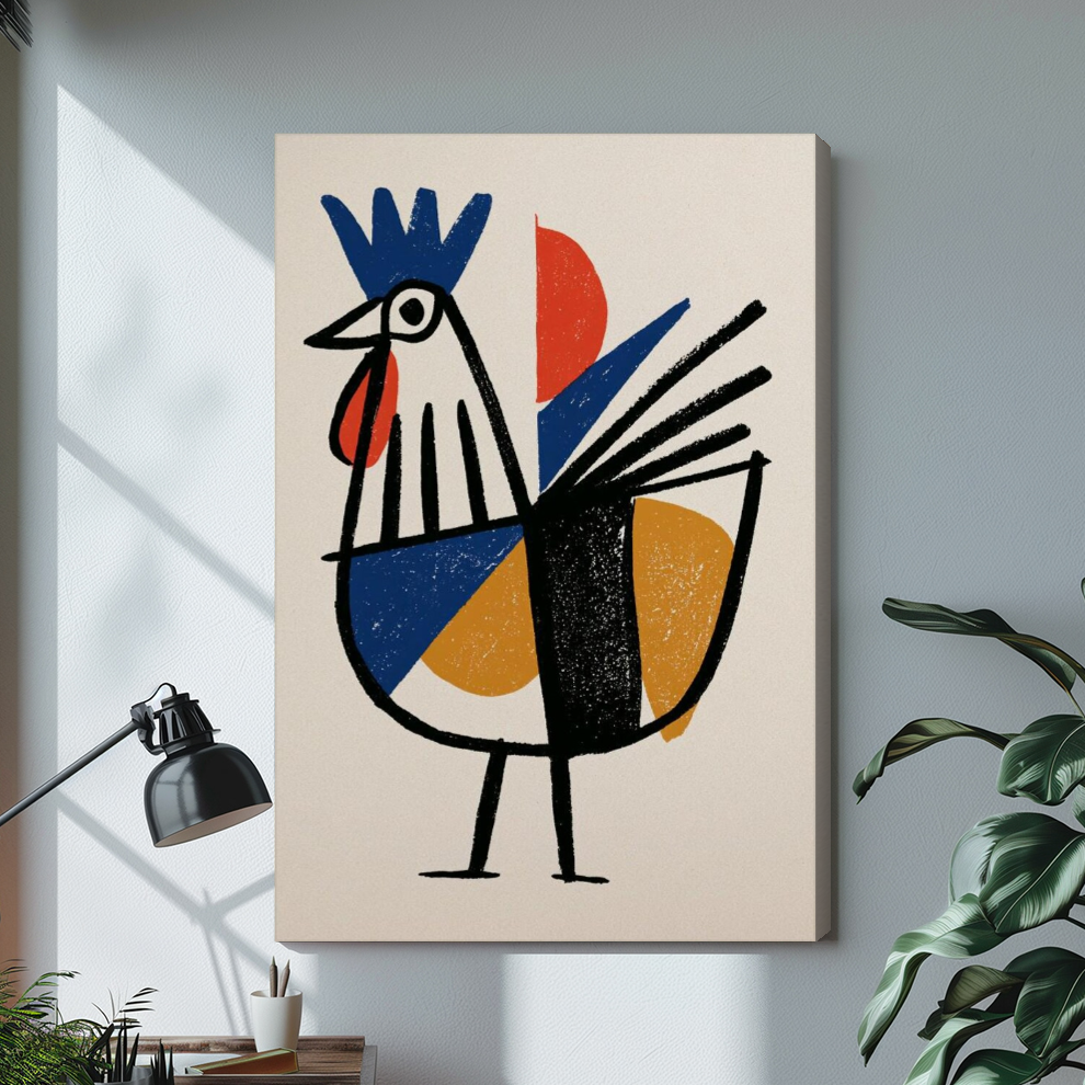 Stretched geometric primary rooster canvas with a shaded wrapped edge in the selected room setting.
