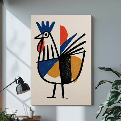 Stretched geometric primary rooster canvas with a shaded wrapped edge in the selected room setting.