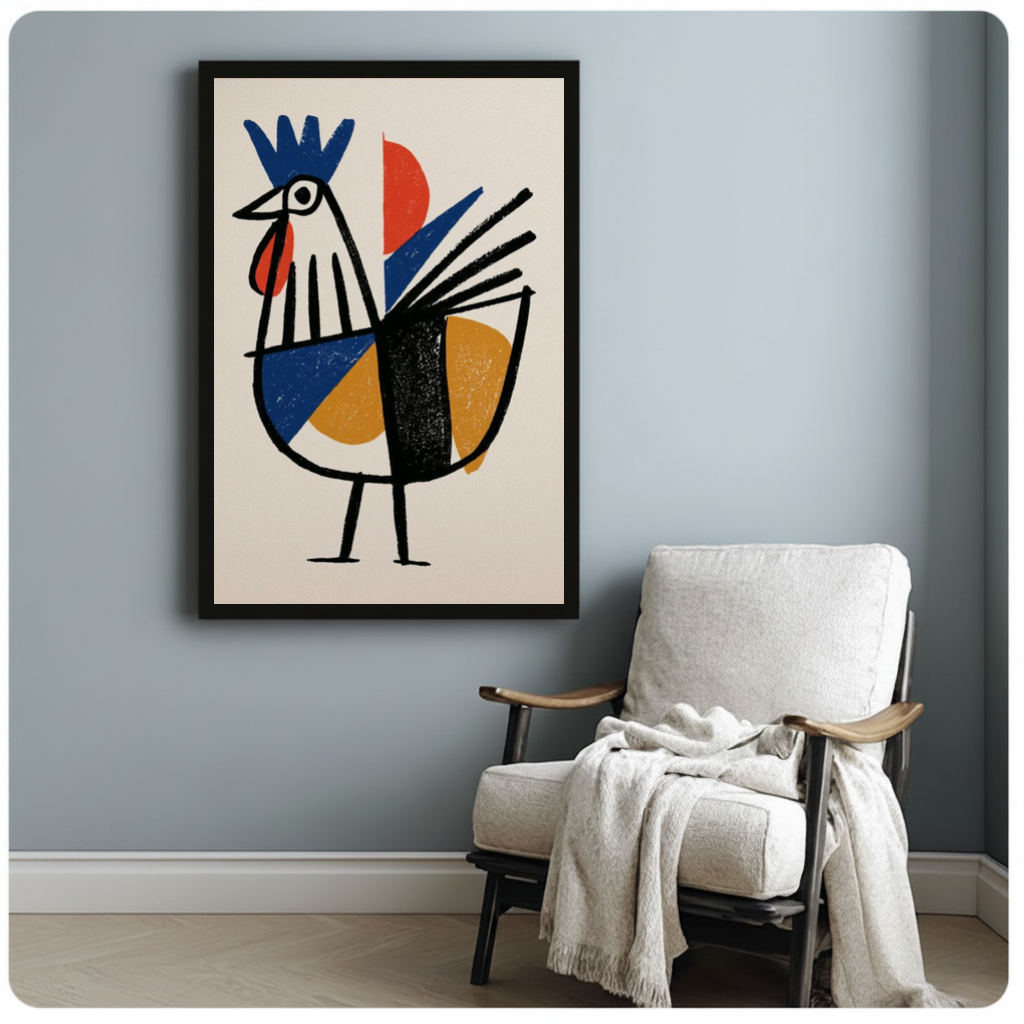 Framed geometric primary rooster canvas beside a pale reading chair on a blue gray wall.