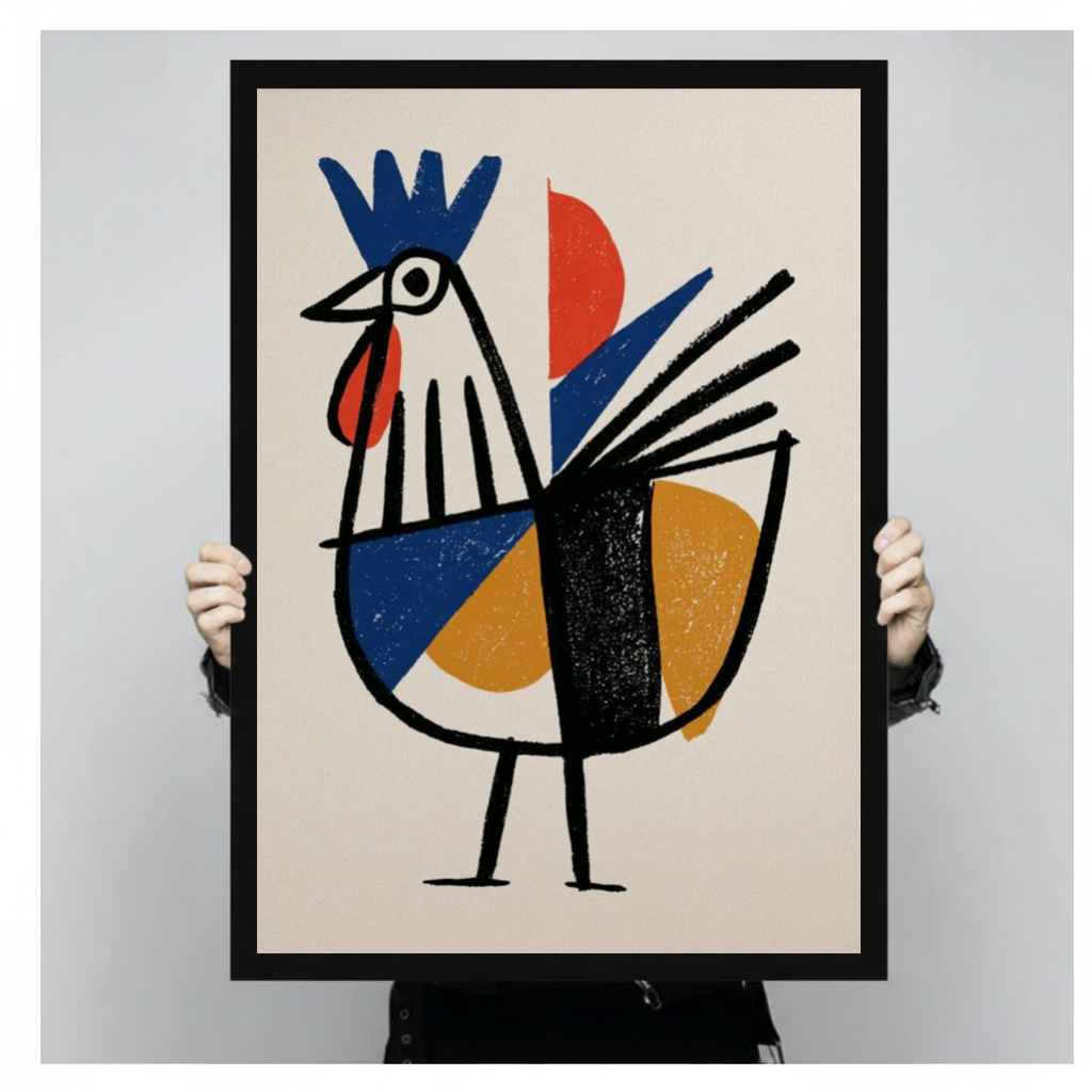 Framed geometric primary rooster canvas held by a person against a light neutral background.