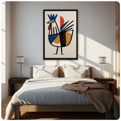 Framed geometric primary rooster canvas above a neutral bed beside soft bedroom lighting and lamps.