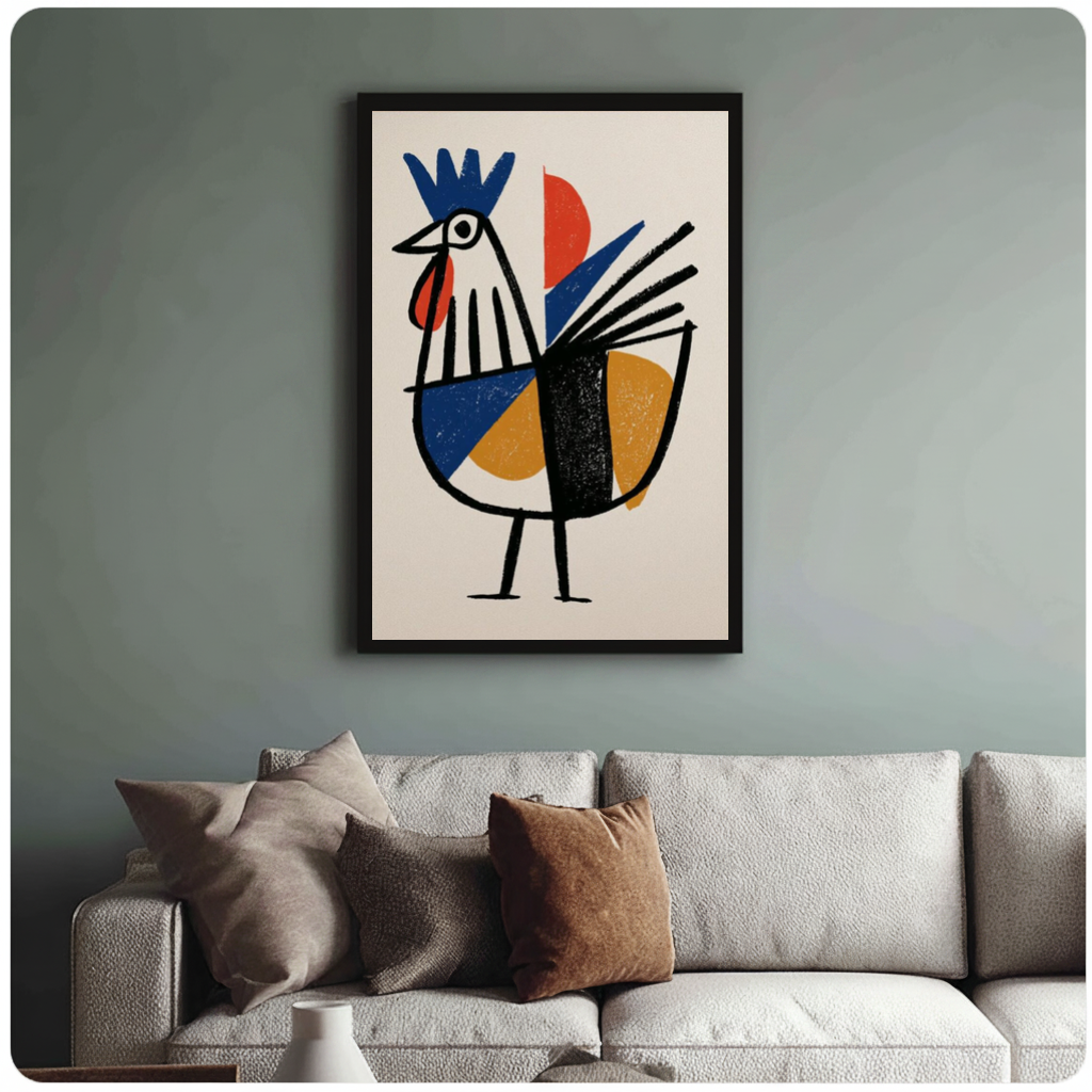 Framed geometric primary rooster canvas above a neutral sofa with cushions against a muted wall.