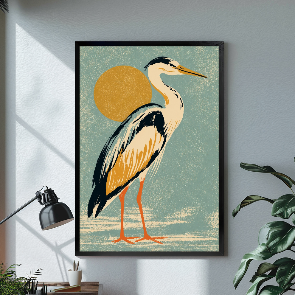 Black framed golden sun heron canvas on a pale wall above a desk and plant.