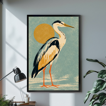 Black framed golden sun heron canvas on a pale wall above a desk and plant.
