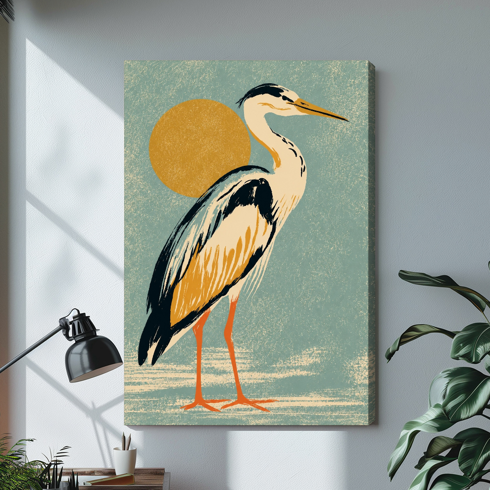 Stretched golden sun heron canvas with a shaded wrapped edge in the selected room setting.