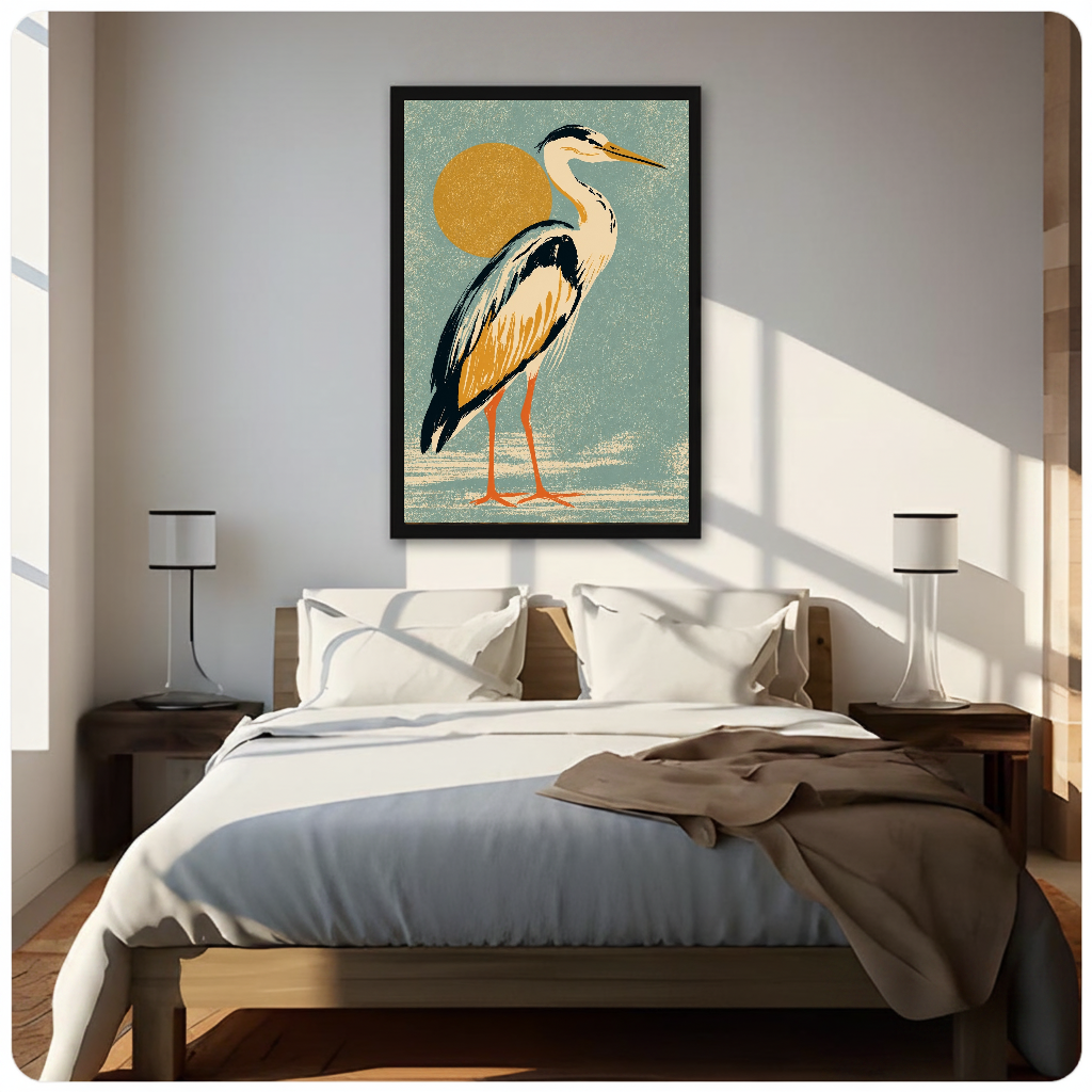 Framed golden sun heron canvas above a neutral bed beside soft bedroom lighting and lamps.