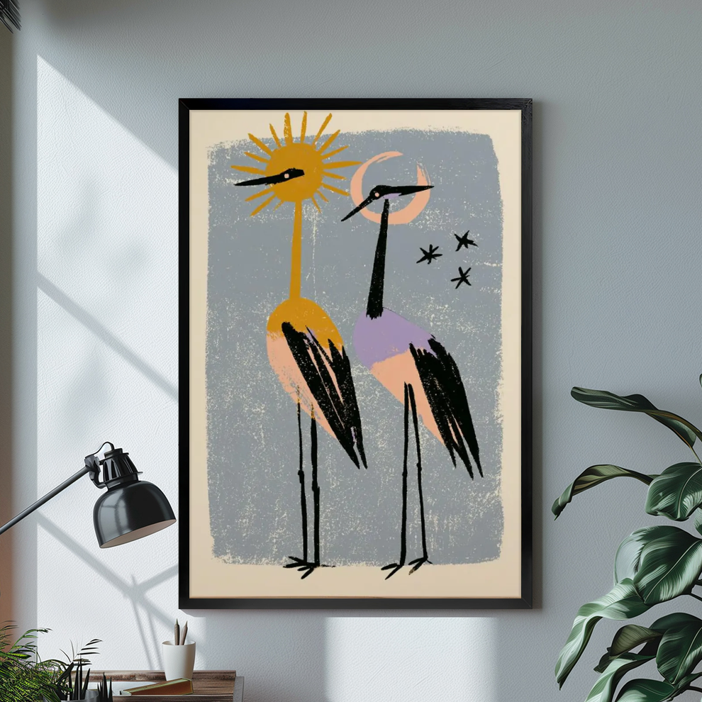 Black framed sun moon crane companions canvas on a pale wall above a desk and plant.