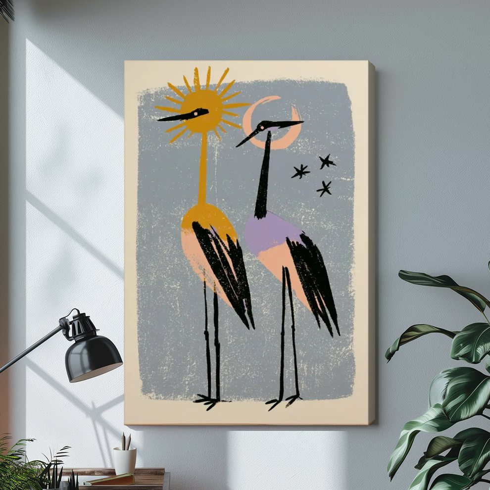 Stretched sun moon crane companions canvas with a shaded wrapped edge in the selected room setting.