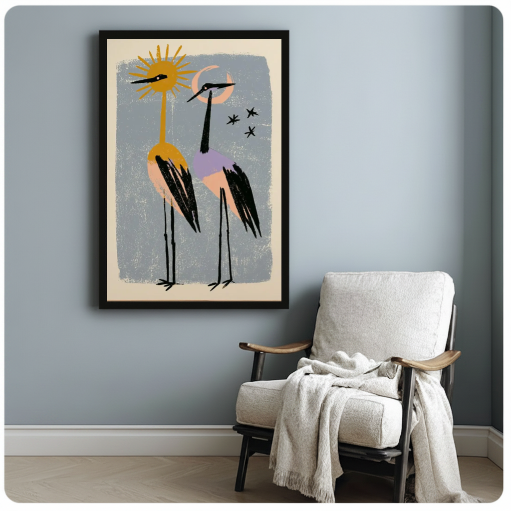 Framed sun moon crane companions canvas beside a pale reading chair on a blue gray wall.