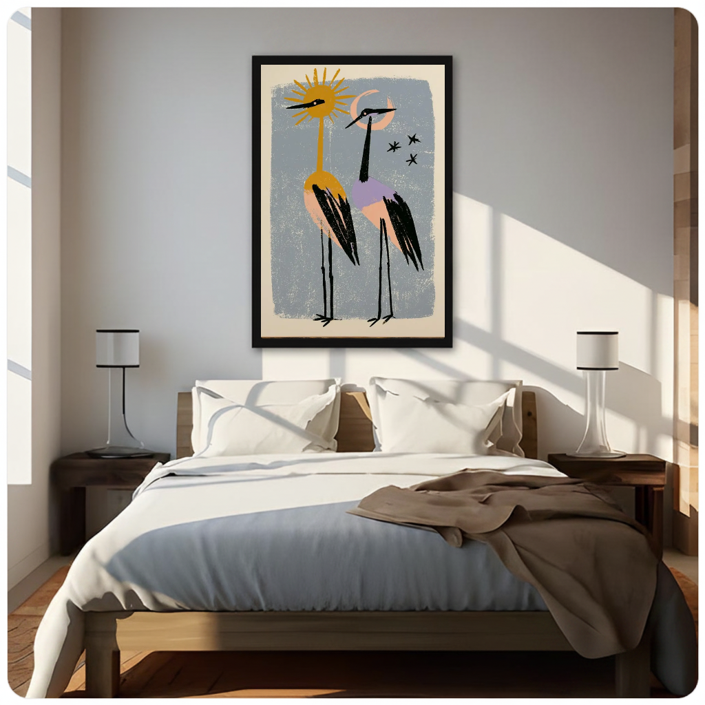 Framed sun moon crane companions canvas above a neutral bed beside soft bedroom lighting and lamps.