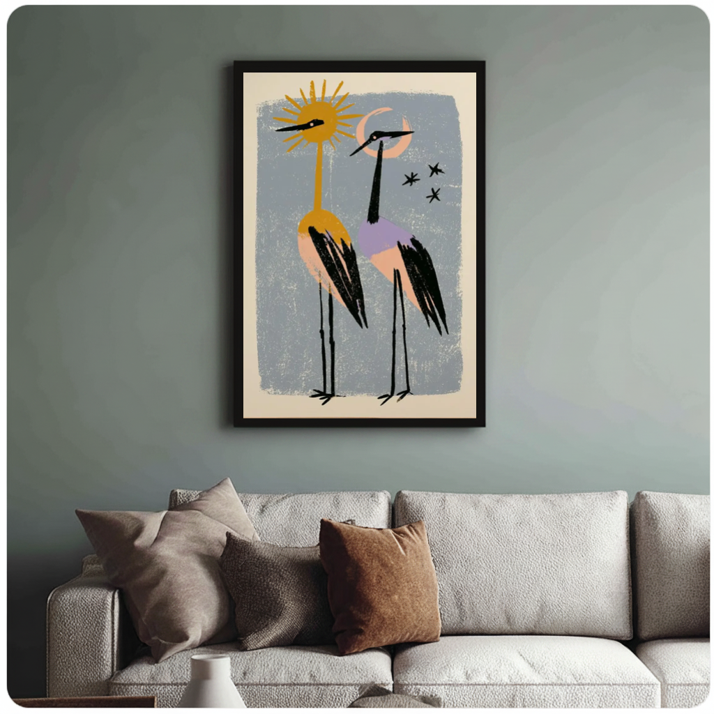 Framed sun moon crane companions canvas above a neutral sofa with cushions against a muted wall.