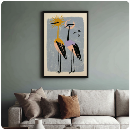 Framed sun moon crane companions canvas above a neutral sofa with cushions against a muted wall.
